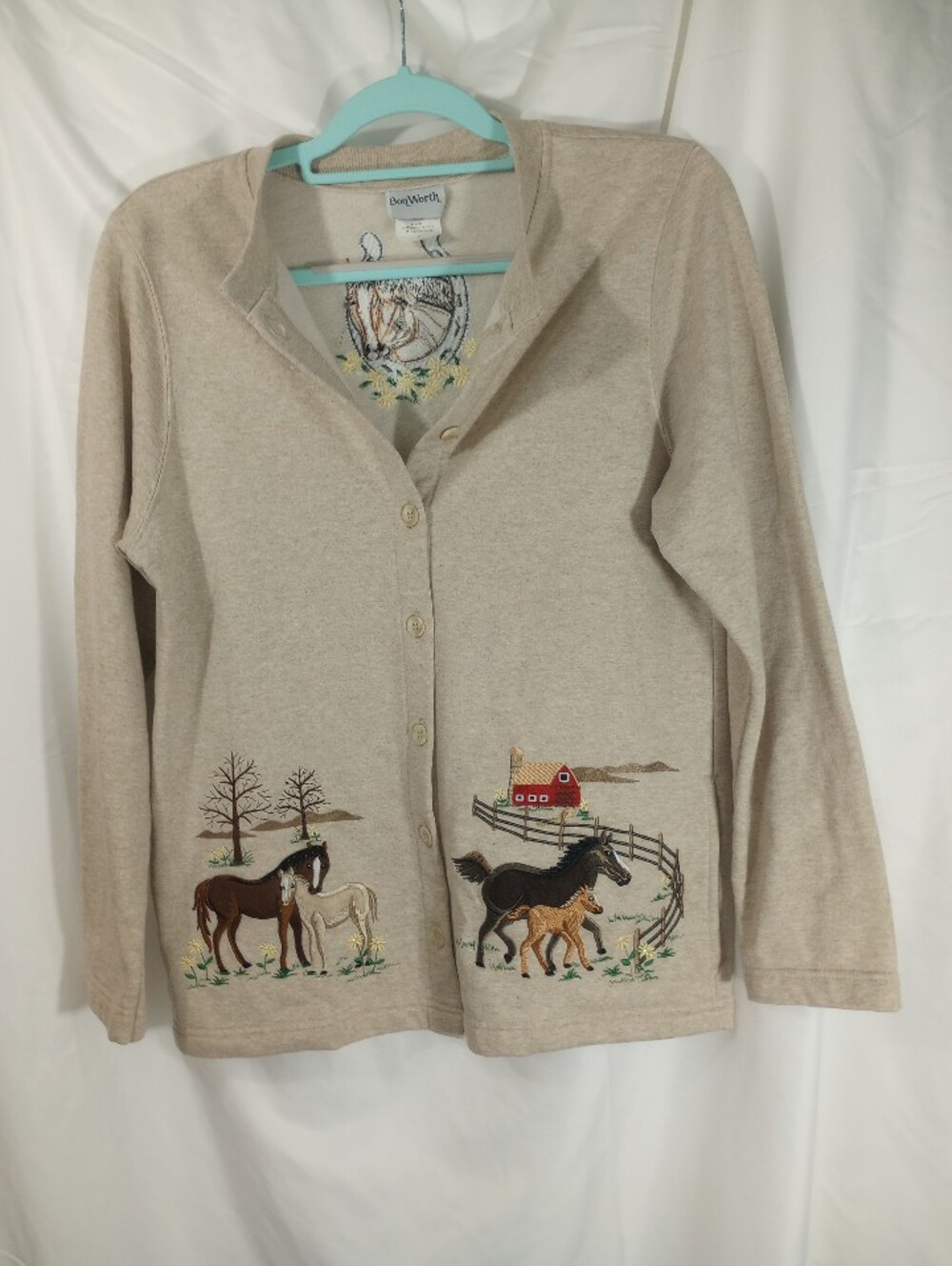 Bon Worth Women Horse Embroidered Cardigan Sweater Beige